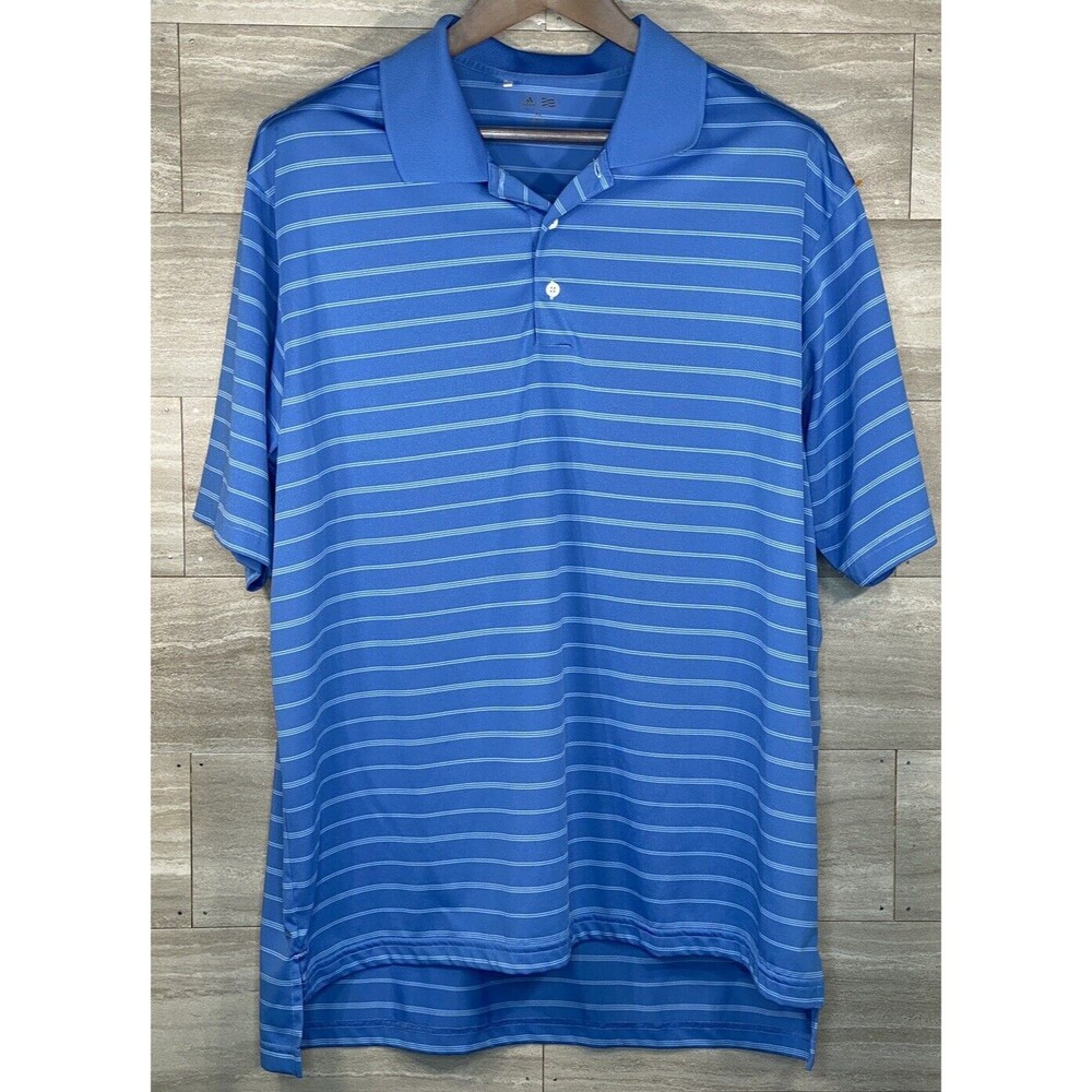 Adidas Golf Polo Mens XL Blue White Striped Short Sleeve Breathable Logo EUC